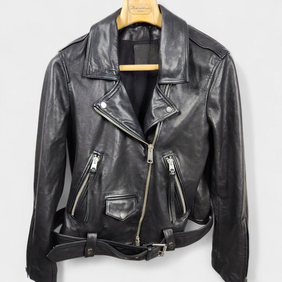 ALLSAINTS LUNA Leather Biker Jacket Women's 8 US (M) Black Sheep Leather
